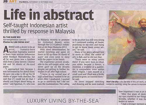 Solo Exhibition by Agustian Supriatna at Art Expo Malaysia 2012 was listing in The Star on Oct 2012